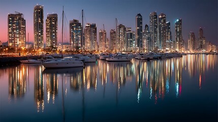 Obraz premium the cityscape is the main subject, featuring numerous tall buildings illuminated at night. the structures are densely packed and form a skyline against a dusk sky