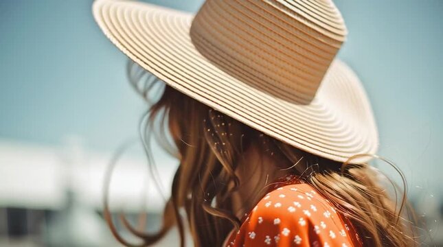 A woman with curly brown hair wearing a straw hat and a red dress with white flowers outside on a sunny day - Powered by Adobe