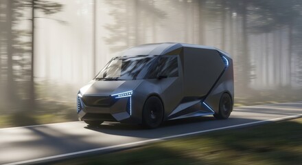 A modern futuristic van travels down a scenic forest road, blending innovation with natural beauty. Its sleek design and advanced technology reflect progress in transportation.