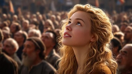 A Moment of Hope and Aspiration: A woman with beautiful hair, gazes upward in a moment of profound contemplation. The image captures the essence of hope and aspiration in a sea of faces. 