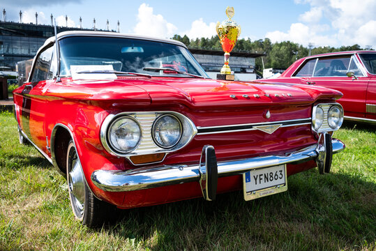 Stockholm, Sweden - August 2, 2025: Red 1964 Chevrolet Corvair Monza convertible seen at Stockholm Car Meet