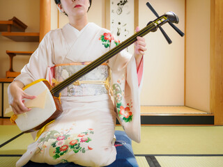 着物で三味線を演奏する女性