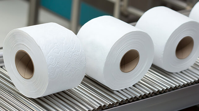 Freshly Made Paper Rolls: Rolls of pristine white paper, ready for use, sit neatly on a conveyor belt, showcasing efficiency and cleanliness in manufacturing.
