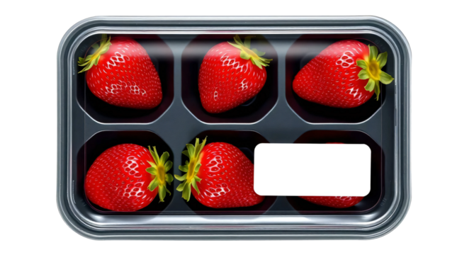 Black plastic tray containing fresh strawberries and blank label mockup packaging isolated on transparent background