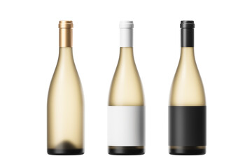 Three bottles of white wine with different labels on a white background. Mock up. 3d rendering