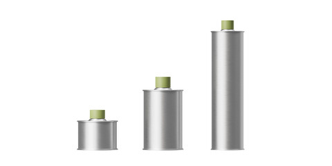 Metal oil cans are small and large on a white background. Mock up. 3d rendering