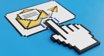 Clicking on Email Icon with Pixelated Hand Cursor on Blue Background a Digital Communication Concept with Sending Message and Online Interaction Illustration