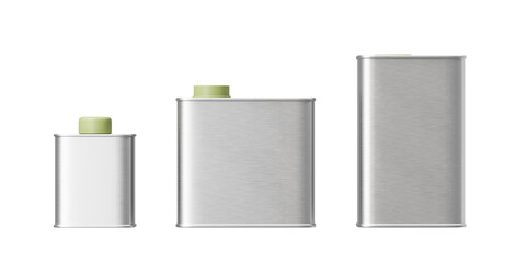 Three metal cans of different sizes for oils on a white background. Mock up. 3d rendering