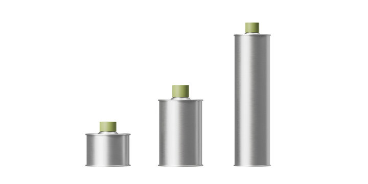 Metal oil cans are small and large on a white background. Mock up. 3d rendering