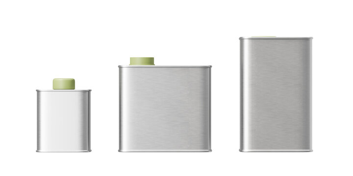Three metal cans of different sizes for oils on a white background. Mock up. 3d rendering