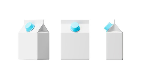 Packaging of a drinking milk drink from different sides with a blue lid on a white background. Mock up. 3d rendering