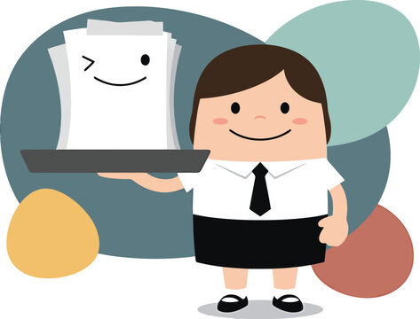cartoon character holding smiling document stack &mdash; fun office or delivery concept with geometric background and service theme