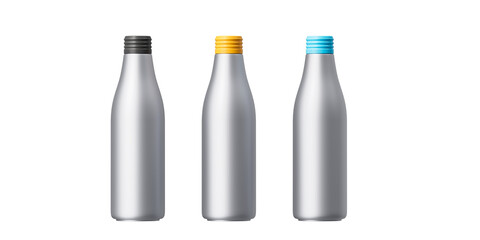Metal beverage bottle with colorful caps on a white background. Mock up. 3d rendering