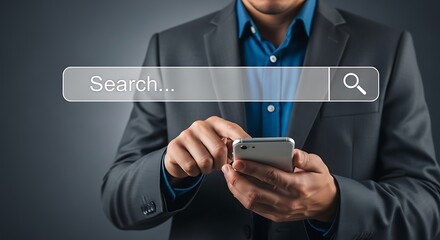Confident Businessman Uses Smartphone To Search Online, Navigating Digital World For Business Success And Information.