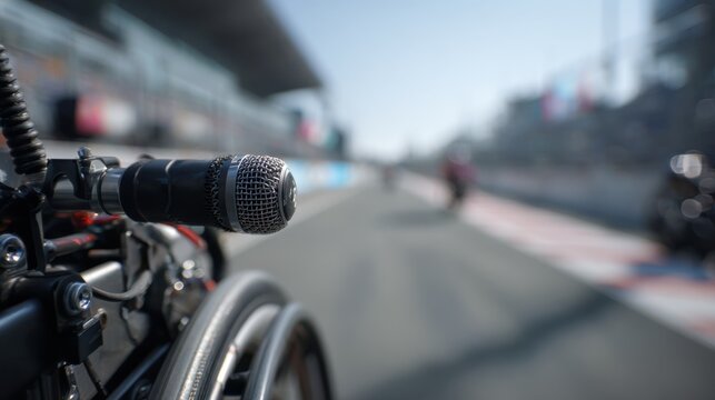 Medium shot capturing the steering column of a voicecontrolled wheelchair rig in sharp focus with outoffocus driver and racing track background emphasizing latency trial