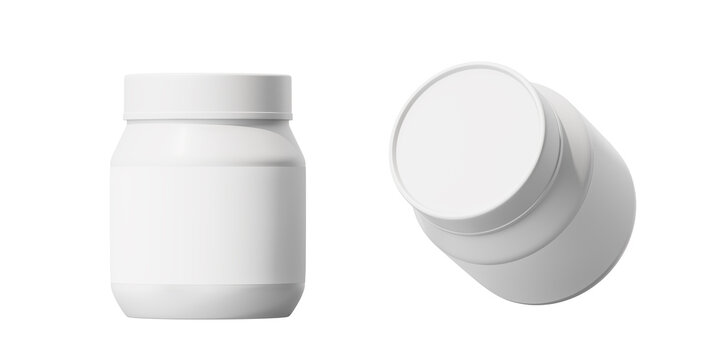 White plastic jars isolated on a white background. Mock up. 3d rendering.