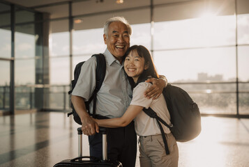 Elderly asian man and young asian woman embrace joyfully in airport terminal with suitcases and backpacks in afternoon light