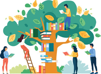 Reading Oasis A Vibrant Tree of Knowledge with Eager Readers Immersed in Literature and Learning in a Colorful Educational Scene