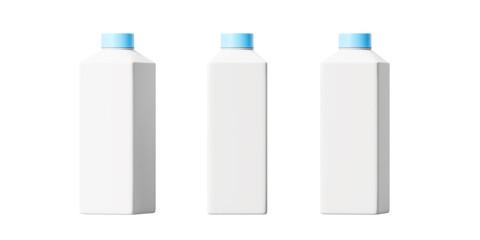Three white packages of milk or juice with a blue lid are isolated on a white background. Mock up. 3d rendering.