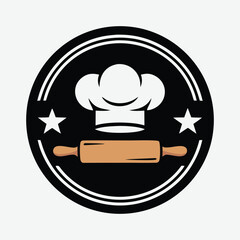 Chef hat and rolling pin emblem with stars on black background circular design