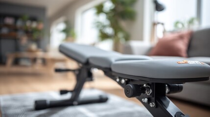 Crisp focus on a multifunctional exercise bench featuring a bright discount tag blurred home interior setting emphasizing affordable fitness options at home.