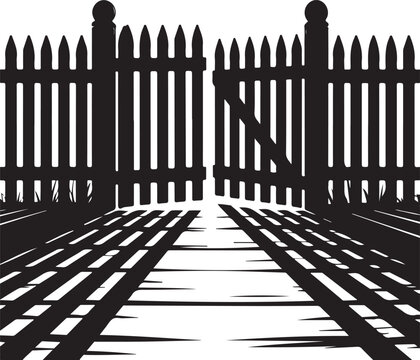 Open wooden picket fence gate with shadow patterns on ground silhouette