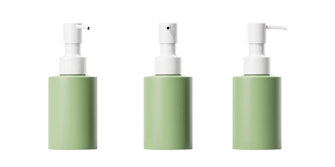 Three green bottles with a dispenser are isolated on a white background. Mock up. 3d rendering.