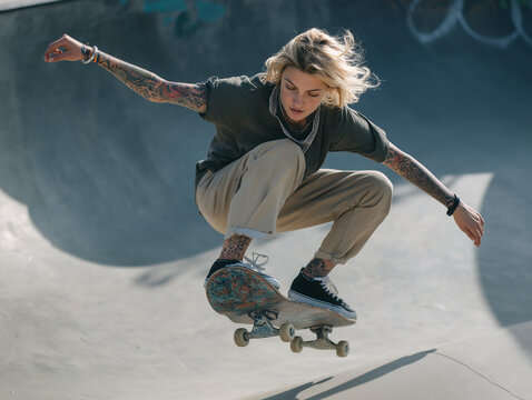 Teenage girl with skateboard posing outdoors in the city, wearing trendy clothes and sneakers, vibrant and energetic vibe.