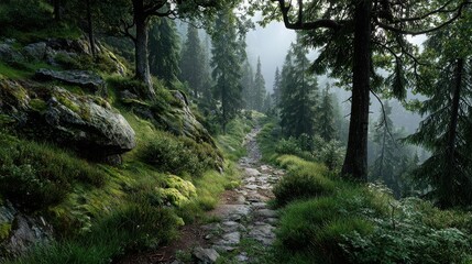 Obraz premium Winding Forest Path Vanishing into Gentle Morning Mist Surrounded by Dense Lush Greenery Evoking Serenity and Connection with Nature