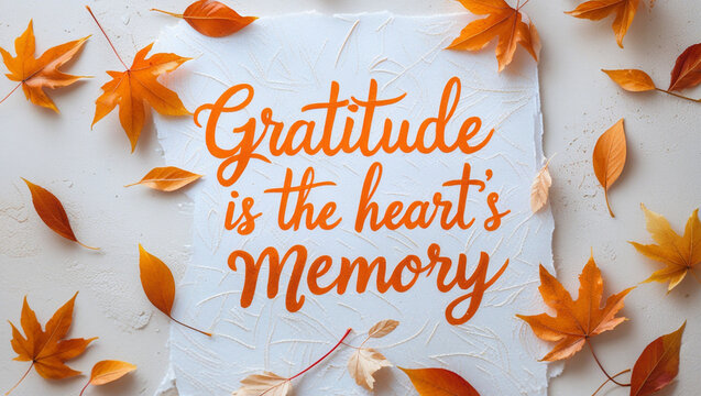 Gratitude is the hearts memory calligraphy with autumn leaves isolated on white background, a warm and cozy thanksgiving message with a rustic vintage style and positive sentiment - Powered by Adobe