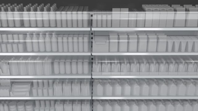 Empty retail shelves are gradually being filled with food products. Sliding motion. 3d animation on gray background