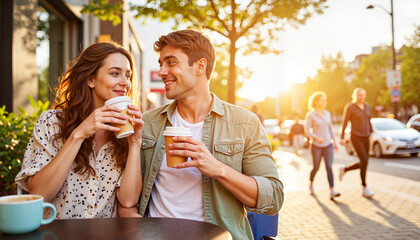 Young couple enjoying coffee at sidewalk cafe, cozy afternoon vibe