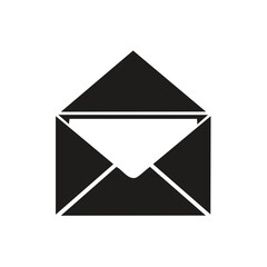 Open envelope icon with a letter inside. Black and white graphic for mail or communication concepts.
