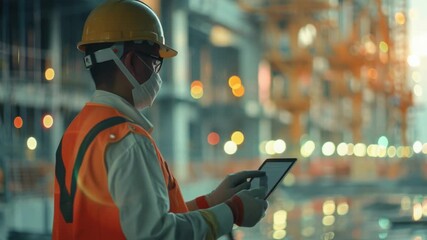 A construction worker uses a tablet on-site to stay organized and connected