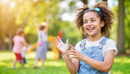 Joyful deaf child using sign language in playground, celebrating inclusion