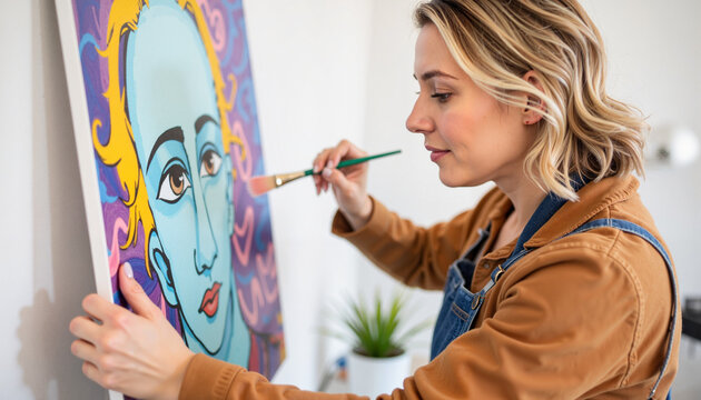 Deaf artist passionately painting a vibrant portrait indoors, creative expression
