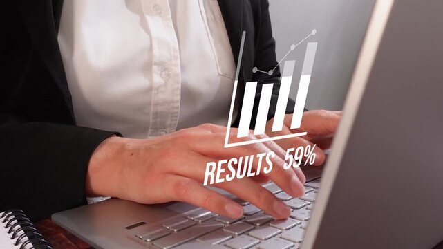 Close-up of a businesswoman's hands working on her computer with a graph icon filling animation: progress percentage meter. Results