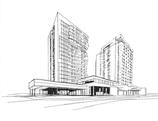 Fototapeta premium Architectural Sketch of Modern Hotel Buildings with Entrance Canopy and Large Windows offering lodging and vacation accommodations