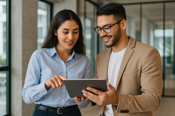 Man and woman focused on tablet screen together.