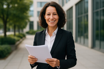 Woman in suit holding paper.