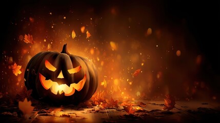 Fototapeta premium A glowing jack-o'-lantern sits among autumn leaves, surrounded by a warm, mystical light that creates a spooky Halloween atmosphere