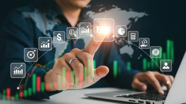 A businessman interacts with a digital interface displaying etf investment growth charts and global financial data - Powered by Adobe