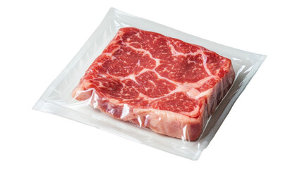 Raw marbled beef steak in vacuum sealed packaging on transparent background