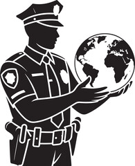 Detailed Silhouette of a Police Officer Holding a Globe Symbolizing Global Law Enforcement