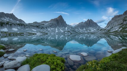 Stunning alpine lake reflecting majestic mountains under serene blue sky for peaceful travel promotion
