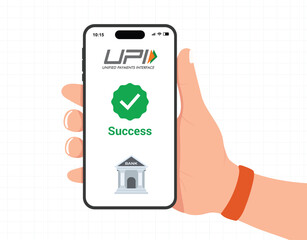 UPI payment success screen illustration on smartphone, money transfer completed with bank icon, flat vector design for finance, fintech, mobile banking, and digital transaction interface