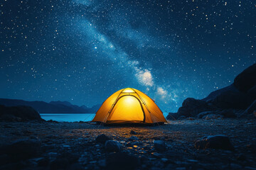 Tent pitched on rocky beach under starry sky.
