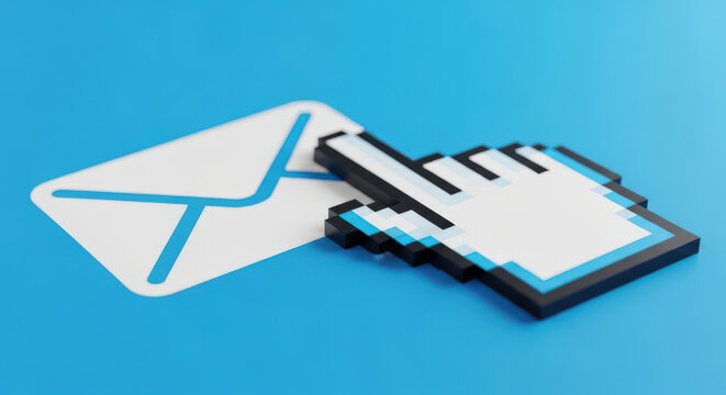 Click to Connect A Digital Illustration of an Email Envelope with a Pixelated Hand Cursor Hovering Above Symbolizing Online Communication and Digital Interaction