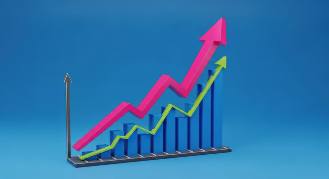3D Render of Growth Charts A Dynamic 3D Render Featuring a Pink and Green Line Graph Ascending Over Blue Bar Charts Against a Solid Blue Backdrop