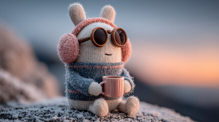 Cozy knitted rabbit figurine with earmuffs and sunglasses holding hot cocoa mug in snowy winter scene. Christmas decoration, cute holiday character for greeting card or social media post